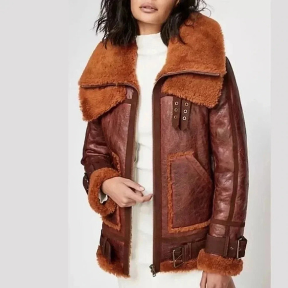 New Free People Maverick Shearling Jacket Moto Leather We The Free Brown - Picture 16 of 17